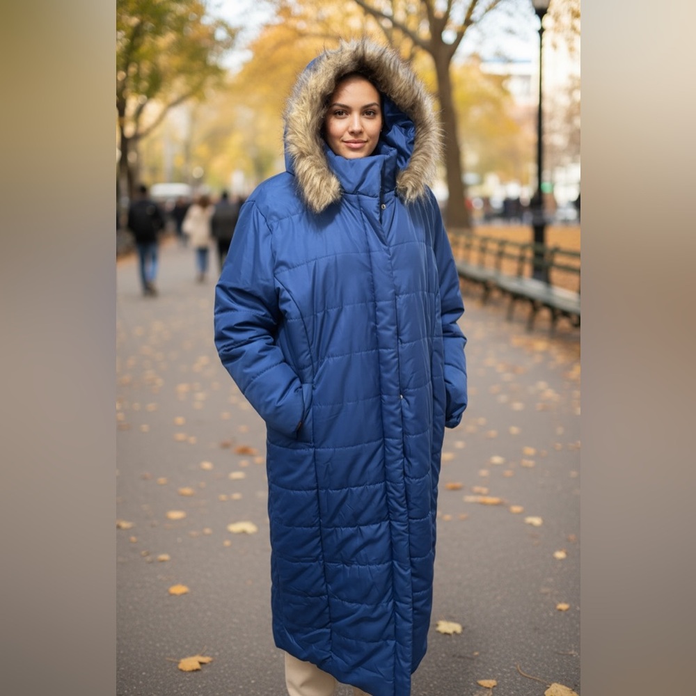 Roaman's Plus Size Blue Knee Length Puffer Coat w/Faux Fur Hood-size 1X
